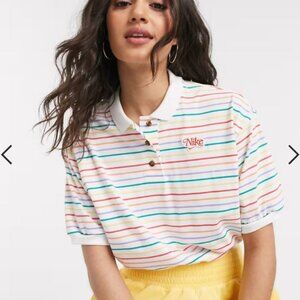 NIKE Sz M Cropped Polo Tees Knit Cotton Multicolor Striped Rainbow Tomboy Sporty